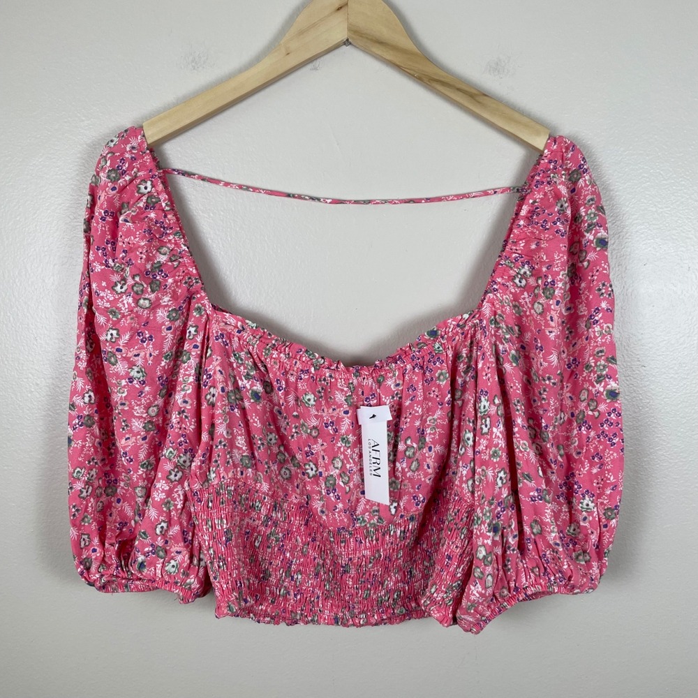 AFRM Womens XL Crop Top Pink Floral Smocked Puff Sleeve Cottagecore Festival NEW